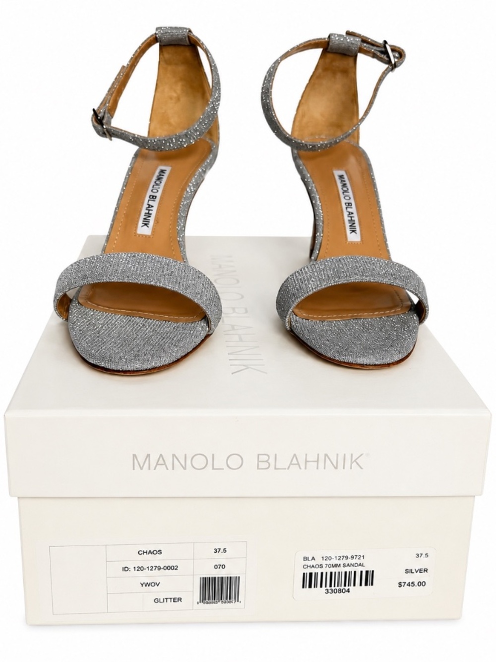 Manolo Blahnik Chaos 70 Silver Glitter Ankle Strap Sandals – Size 37.5